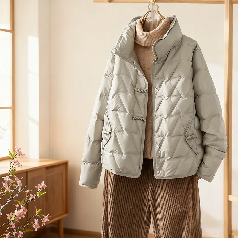 Winter Down Puffer Jackets Women New Chinese Style Short White Duck Down Padded Coat Women Stand Collar Outerwear JK-328