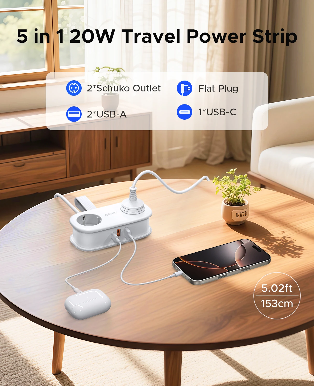 ORICO AP3 الاتحاد الأوروبي التوصيل 20 واط PD قطاع الطاقة 2AC منافذ 2USB 1Type-C 1.53 متر سلك تمديد كهربائي شحن سريع للمنزل/السفر