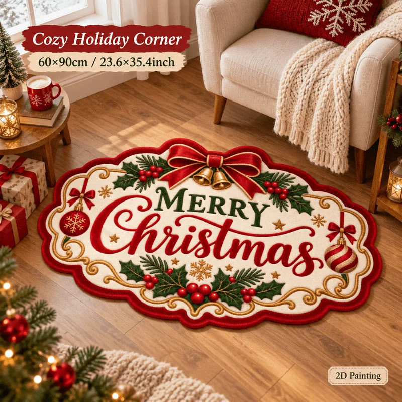 VIKAMA Merry Christmas Bells Bows Holly Irregular Shaped Rug Soft Plush Non-Slip Washable Absorbent Bathroom Mat Cozy Home Decor