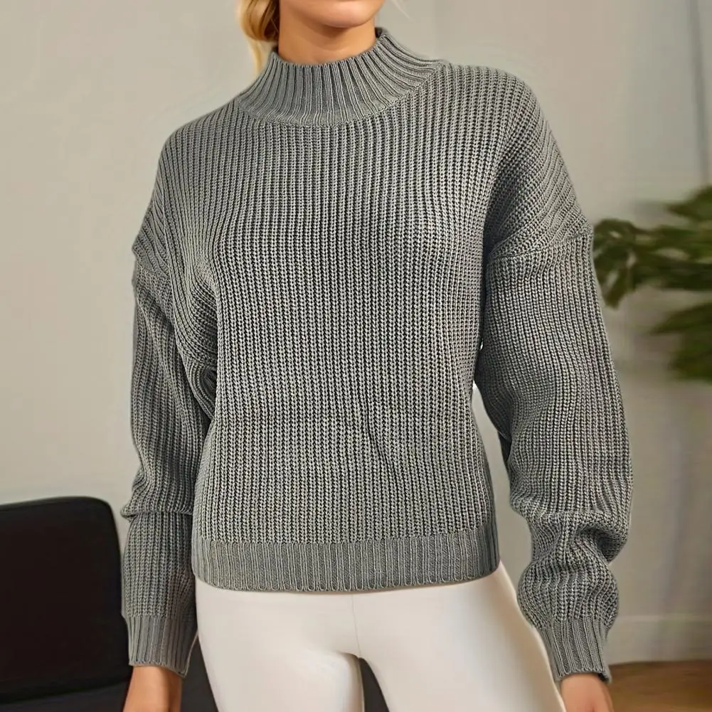 Women Autumn Winter Cropped Sweater Half High Collar Long Sleeve Slim Fit Tops Solid Color Short Knitting Jumper