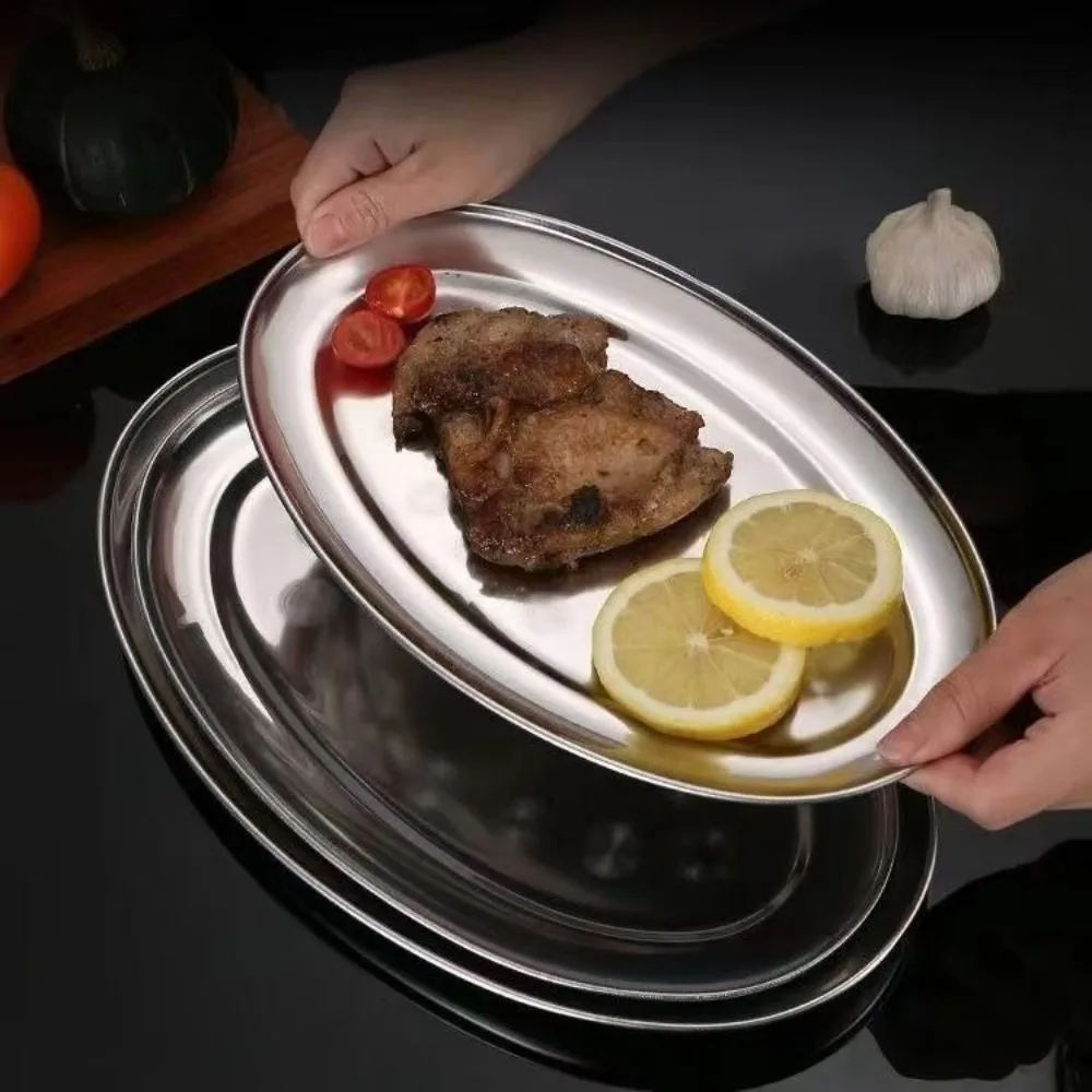Stainless Steel Oval Fish Plates Multi-Size 22-35cm Diameter Dinner Plates Shallow Design Oval Shape Steak Dishes Barbecue Use