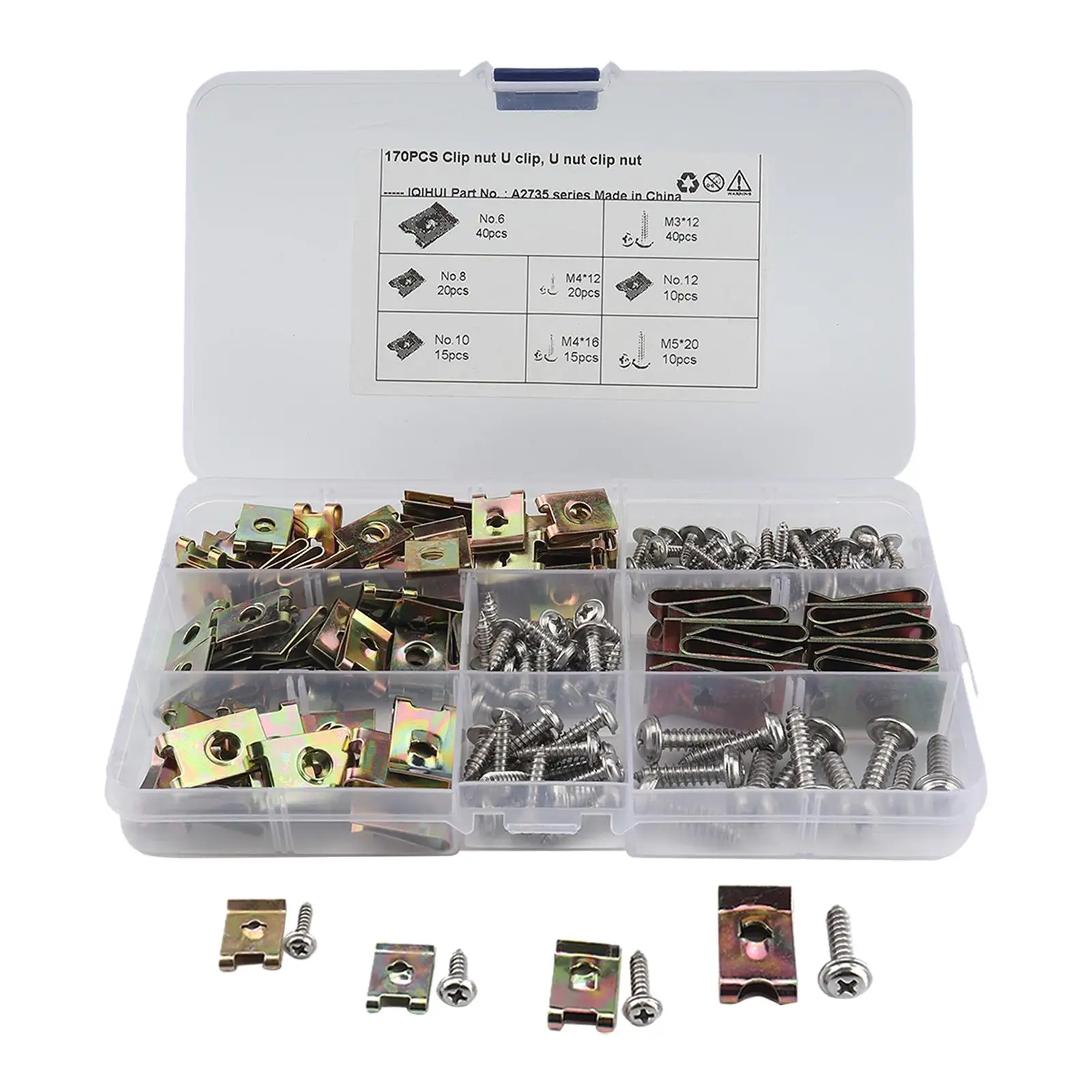 170x U Type Nut Clip and Screw Assortment Set Fasteners Assorted Kit for Automobile Motorcycle