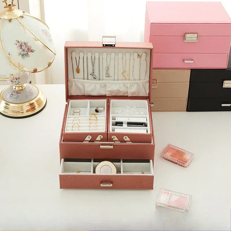 PU Leather Storage Box Multi-layer Jewelry Holder Cute Drawer Pendant Necklace Ring Large Capacity Jewelry Container