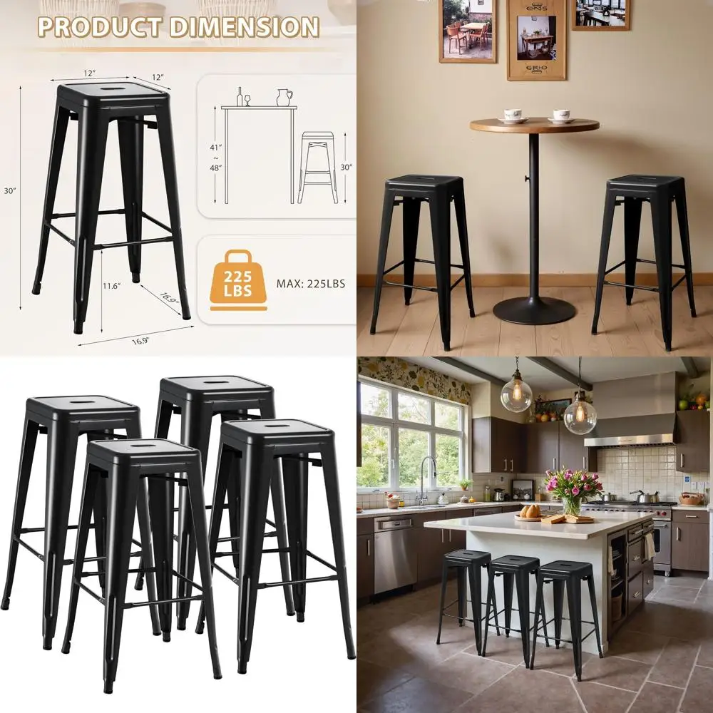 

Set of 4 30 Metal Counter Height Bar Stools with Backs, Stackable Industrial Chairs for Indoor/Outdoor Use, Kitchen/Dining/Patio