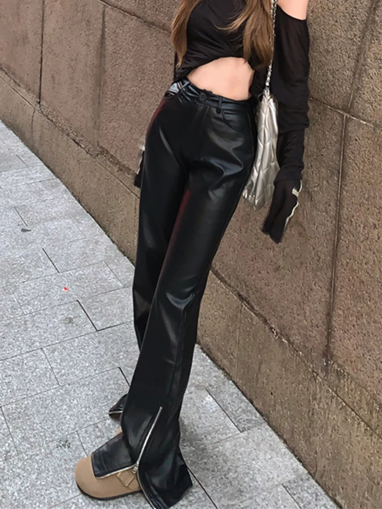 Stylish Hem Zipper Split Black Pants Korean Fashion Faux Leather PU Pants Women 2025 New Elegant Casual Trousers Autumn Winter