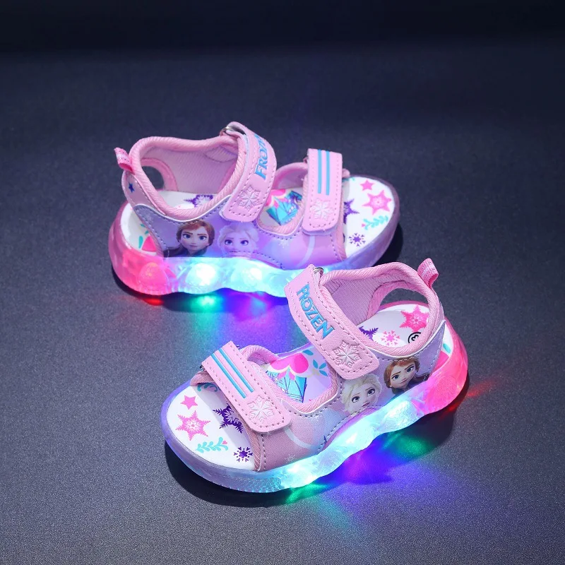 Disney-Sandales de sport lumineuses à LED pour garçons et filles, Frozen Elsa Princess, sandales d'été pour enfants, chaussures pour tout-petits non alds, taille 21-3