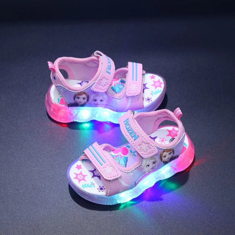 Disney Boys Girls Frozen Elsa Princess Led Light Up Luminous Sports Sandals Summer Kids Sandals Non-slip Toddler Shoes Size 21-3