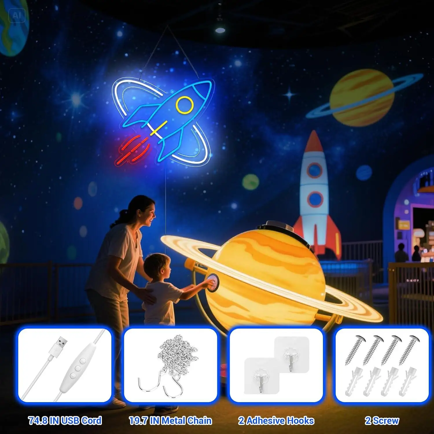 Rocket Space Neon Sign USB Dimmable LED Neon Light for Boys Bedroom Kids Room Space‑themed Neon Wall Art Novelty Gift for Teen