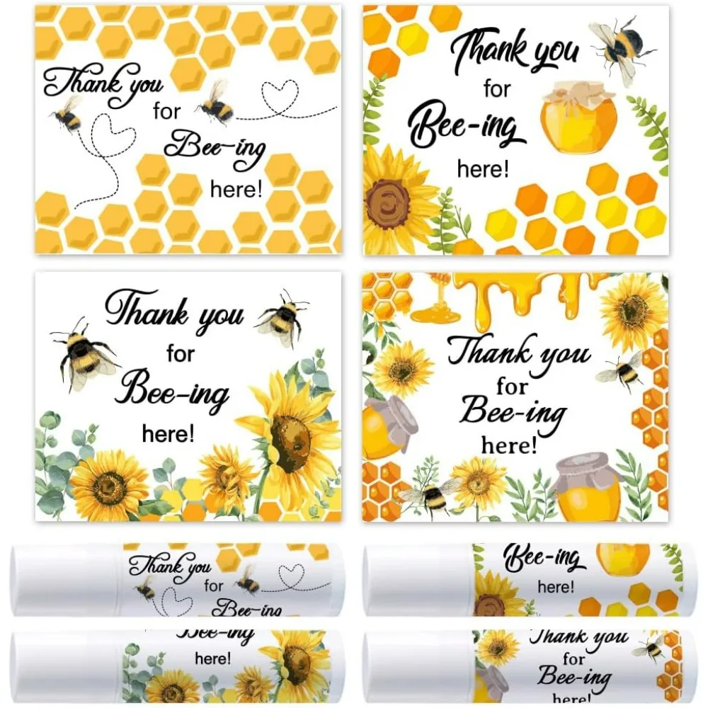 100Pcs 4 Styles Bee Lip Balm Labels Stickers 2.1x1.7 inch Self-Adhesive Favor Lip Balms Bee Honeycomb Stickers with Thank You