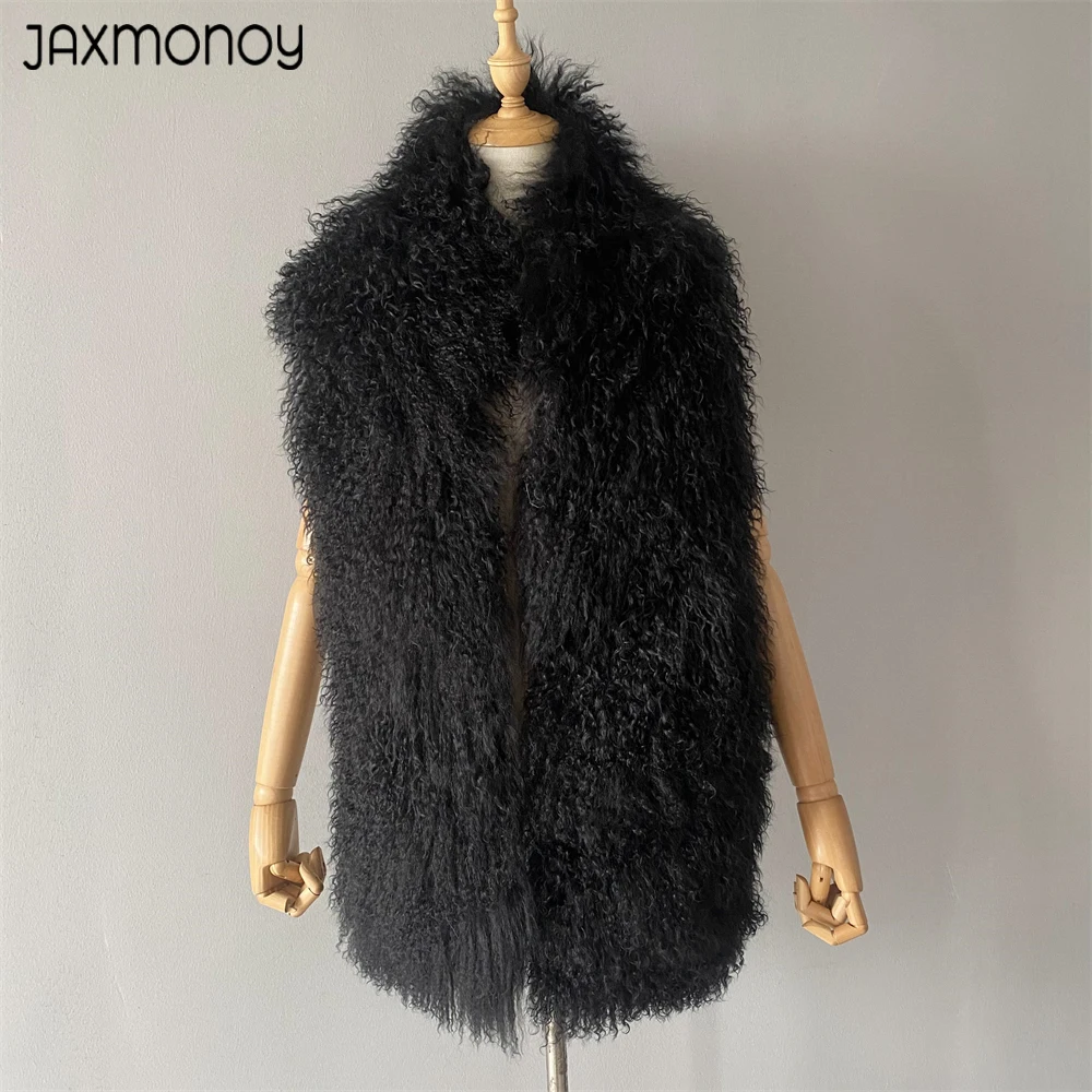 Jaxmonoy Mongolian Fur Coat Women Natural Fur Scarf Autumn Winter Ladies Fashion Luxury Sheep Fur Shawl Female 2023 New Style