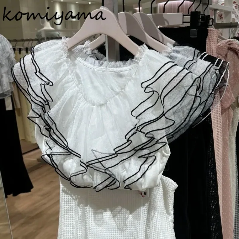 Ropa de Mujer con cuello en V y volantes, Ropa de punto dulce de estilo japonés, novedad de verano, Ropa sin mangas para Mujer, suéter empalmado de Color impactante, Tops