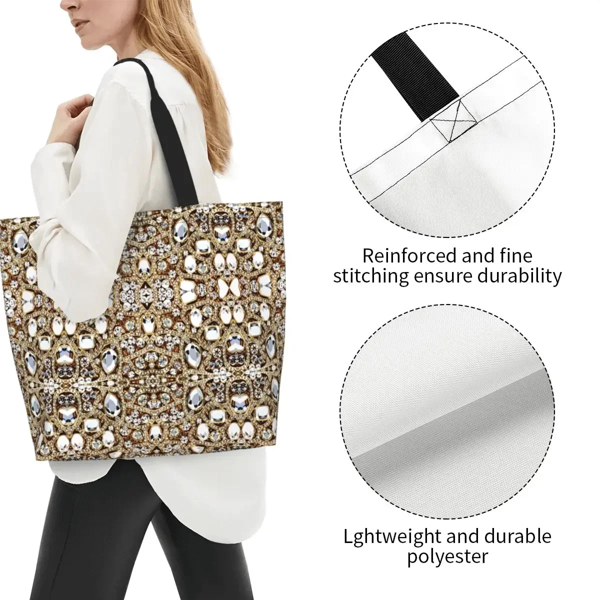 Jewelry Gemstone Silver Crystal Shopping Tote Bags Reusable Glitter Rhinestones Diamonds Groceries Canvas Shopper Shoulder Bag