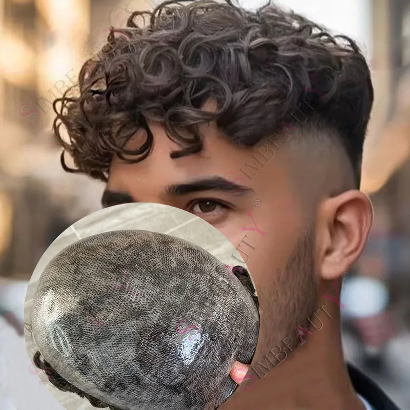 23 مللي متر مجعد رقيقة الجلد كامل Pu دائم رجل الشعر المستعار هيربيسي للرجال أسود براون خصلات الشعر المستعار الإنسان الذكور استبدال نظام الاصطناعية #2