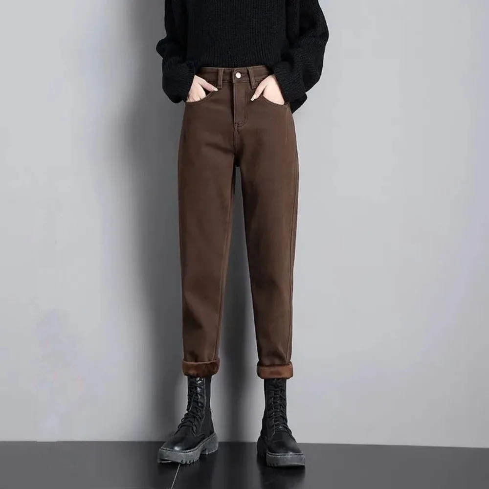 

Джинсы женские, осень-зима 202, новые плюшевые кофейно-коричневые прямые джинсы свободного кроя с плюшевой джинсовой тюлевой женской одеждой