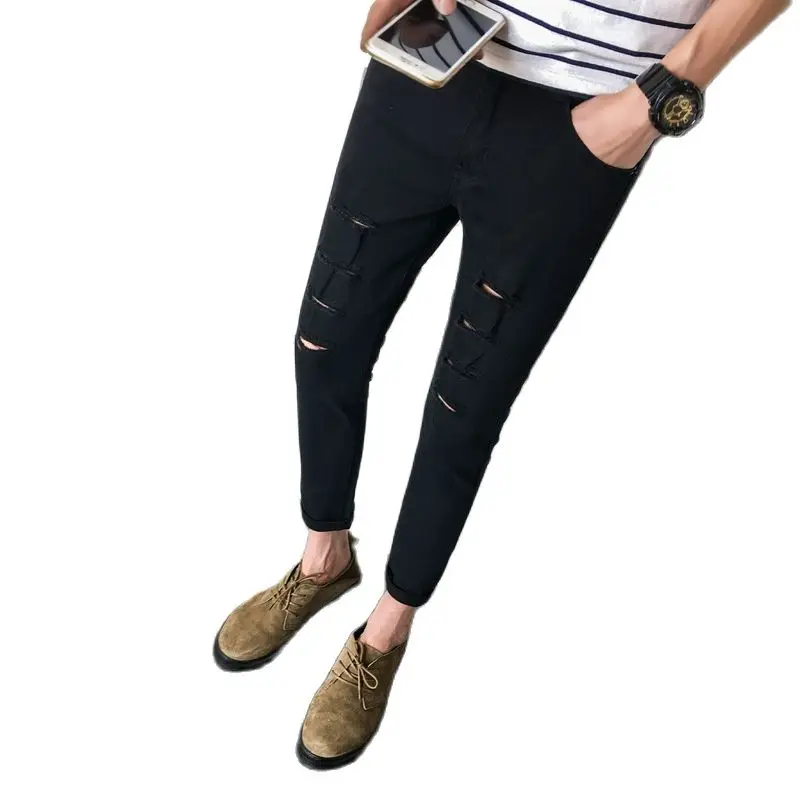 Trendy Black Ripped Gat Jeans Mannen Lente Zomer Tieners Nieuwe Merk Wilde Casual Broek Tiener Koreaanse Losse Rechte Broek