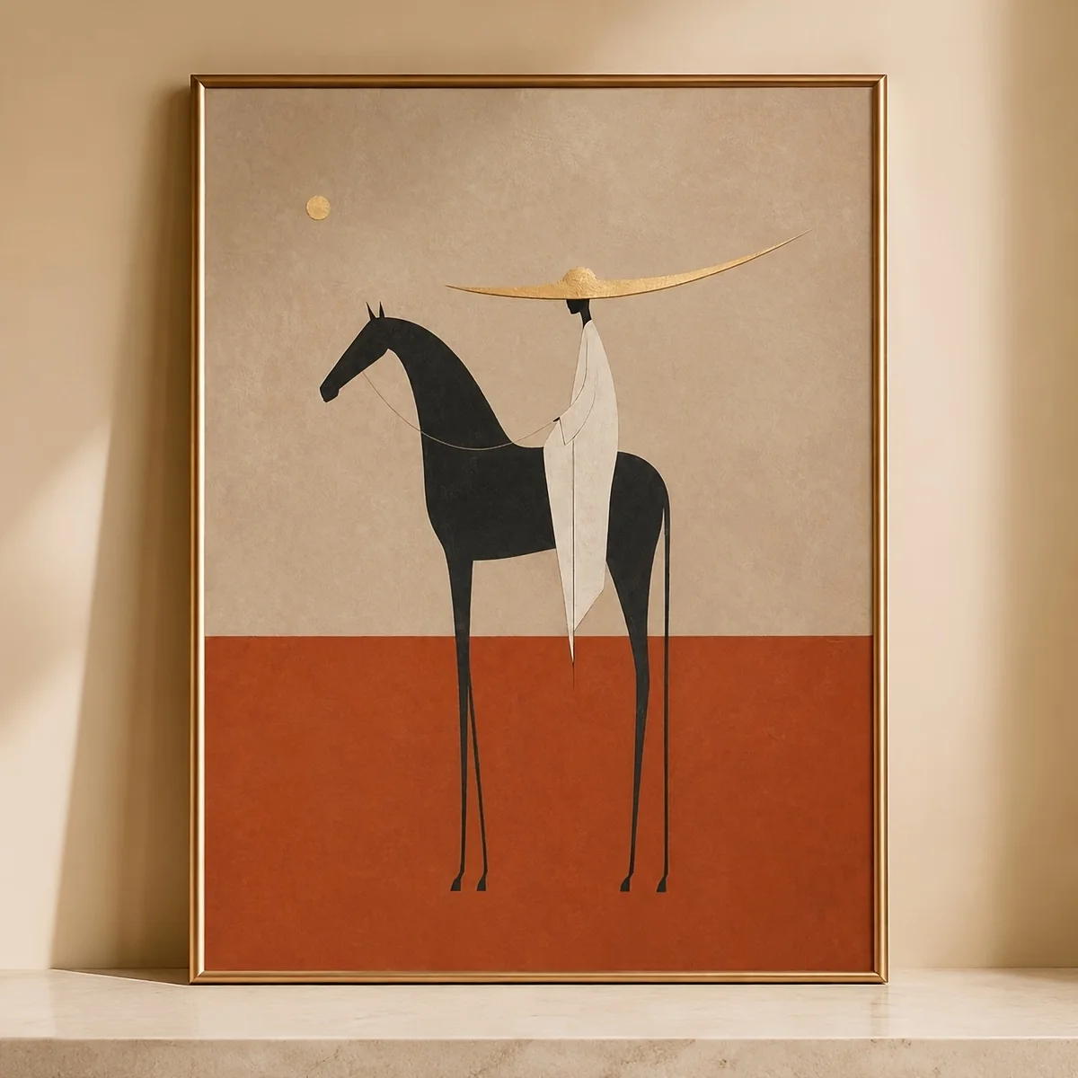 2D Flat, Posters And Prints Boho Neutral Abstract Canvas Poster, Minimalist Thin Line Silhouette Man on Black Horse Golden Ac