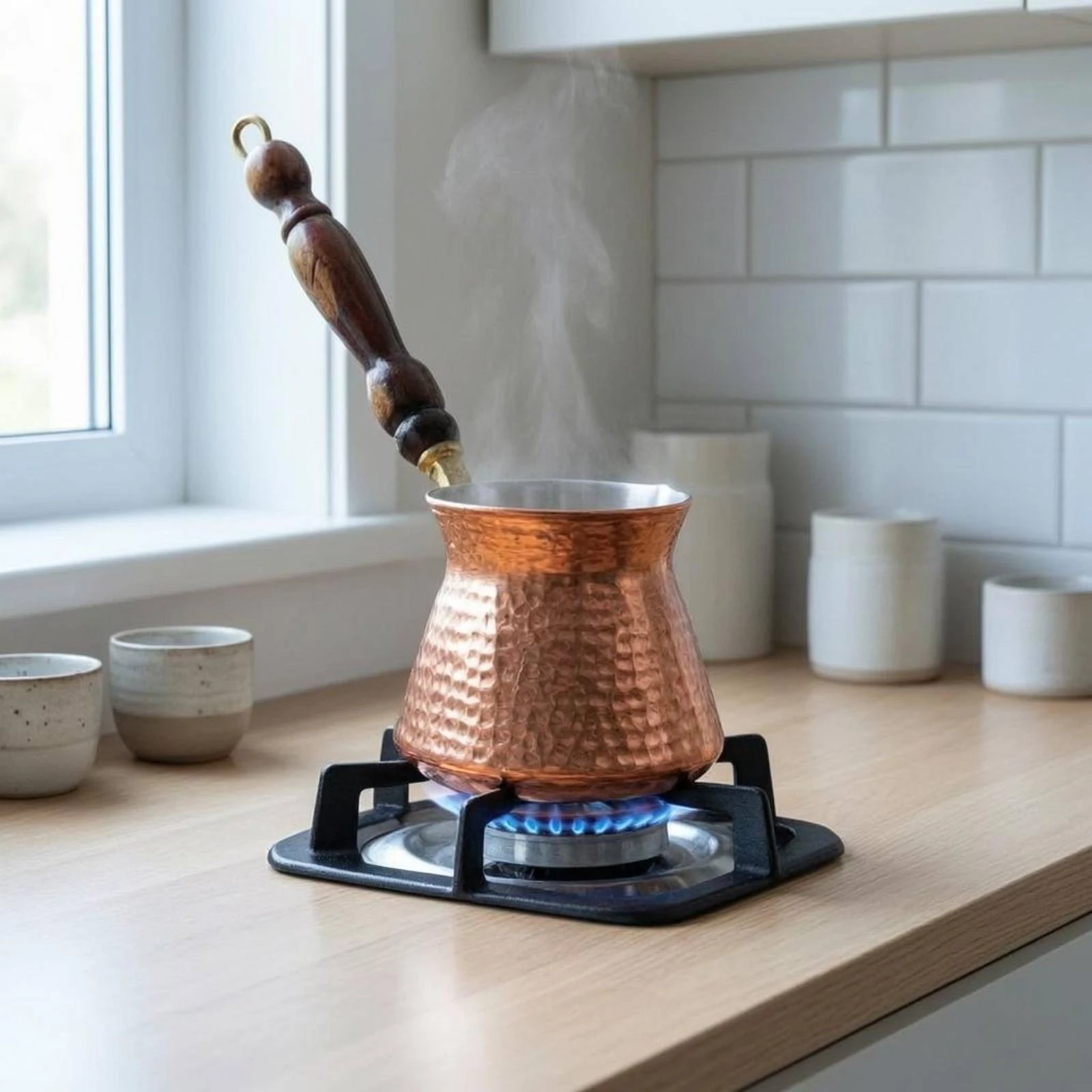 Copper Cezve Embossed Turkish-Style Coffee Pot Copper Coffee Pot Wooden Handle Kitchenware Traditional Design view 3