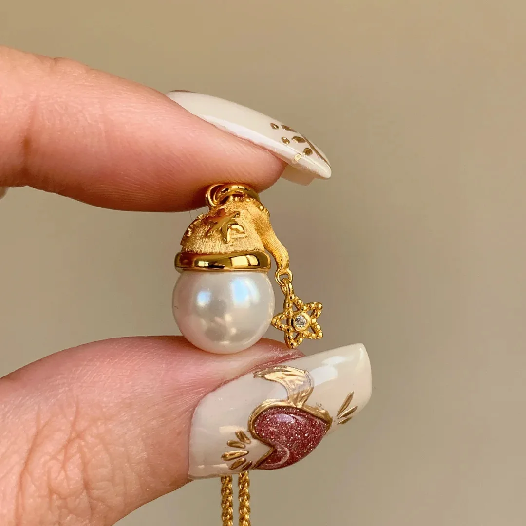 18K Real Gold Necklace Natural White Crystal Christmas Hat Pendant Wedding Engagement Jewelry for Girl Bizuteria Pendants gifts