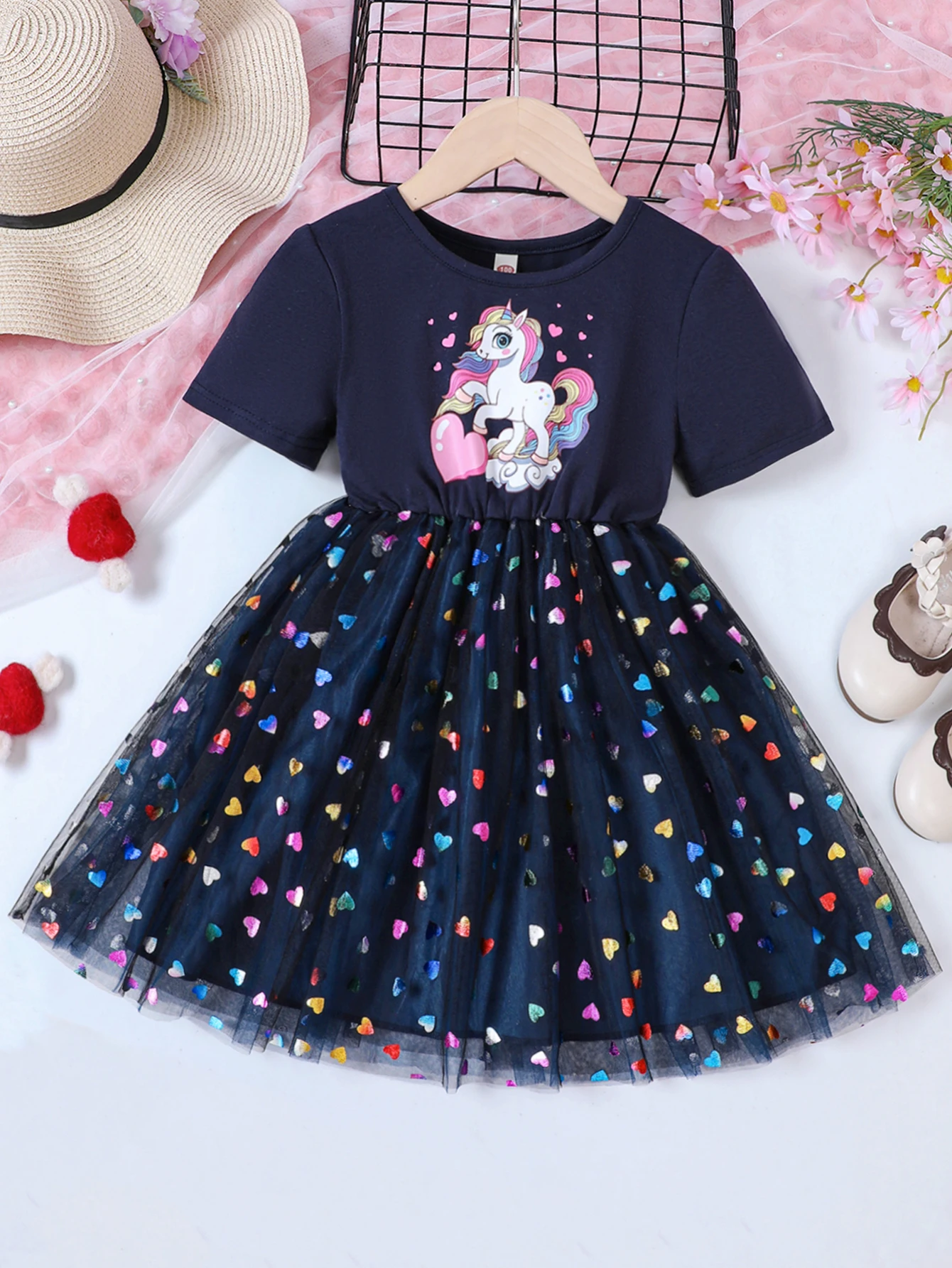 Girls' summer new Valentine's Day colorful love mesh series dress + cartoon pony print sweet princess dress