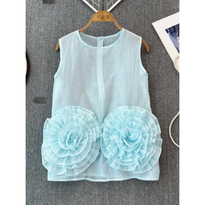 Elegant Socialite Three-dimensional Flower Sleeveless Shirt Women Blouse Summer Design Crewneck Vintage Vest Shirt Women Tops