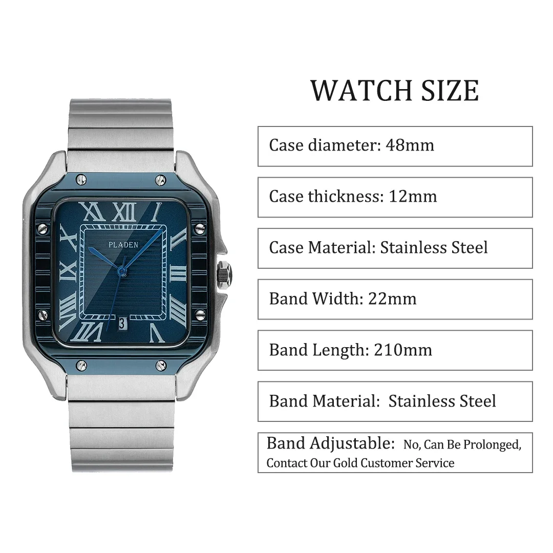 2024 PLADEN Dress Watch For Men Fashion Waterproof Quartz Clocks Mans Business Stainless Steel Square Wristwatch Free Shipping