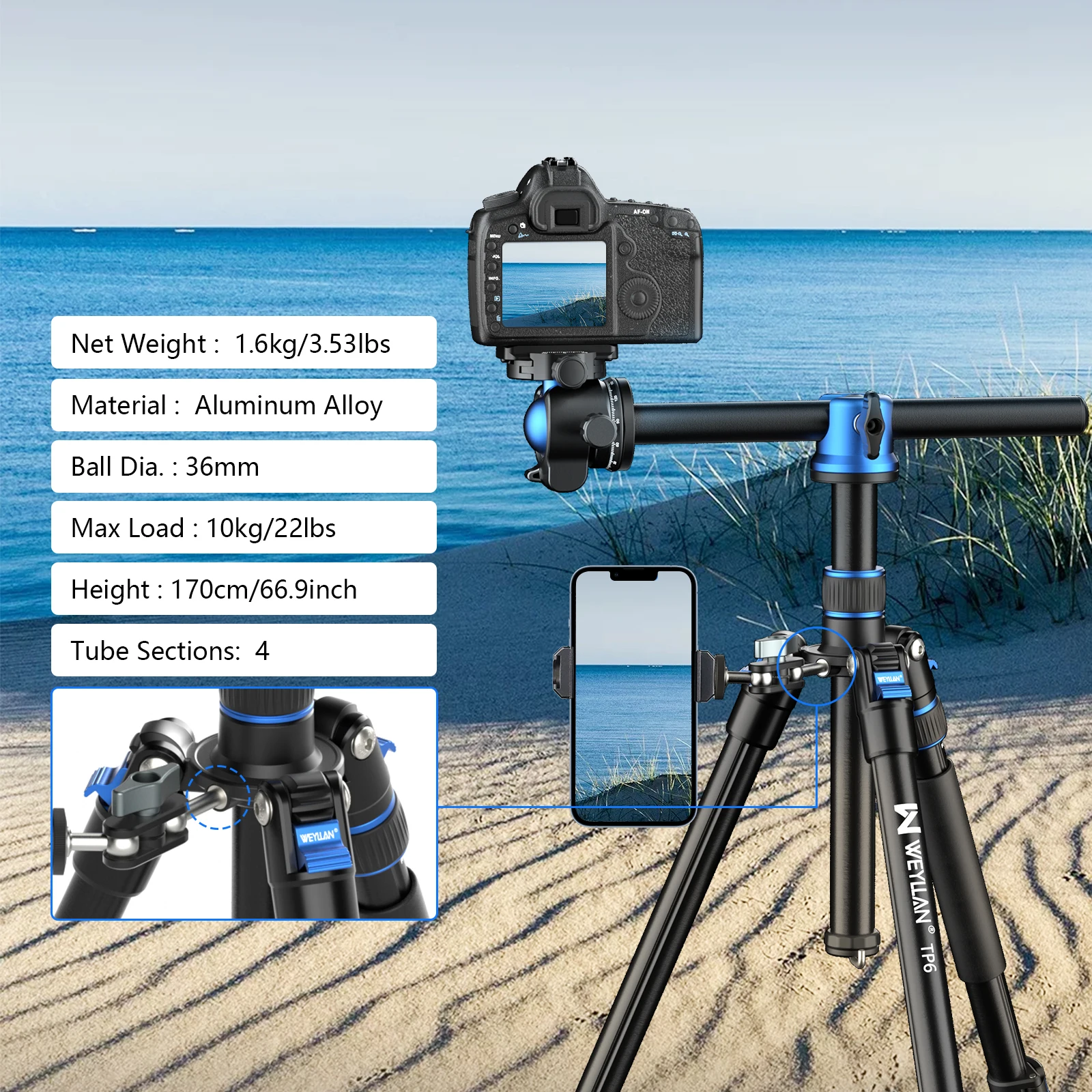 Weyllan Professional Horizontal Tripod Aluminum Alloy 36mm Ball Head Max Load 10kg/22lbs for Camera DSlRs Phone Huawei Xiaomi