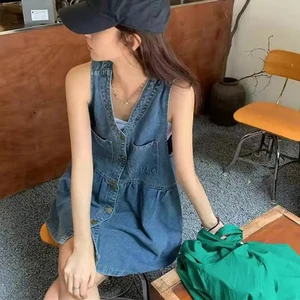 Biyaby-General Frauen ärmellose Taschen, Jeans, koreanischer Stil, lose, Linie A, Mini, einzigartige Brust, Sommer, 2022 10 Hauptverkäufe Vintage Frauen kurzes Kleid - №9