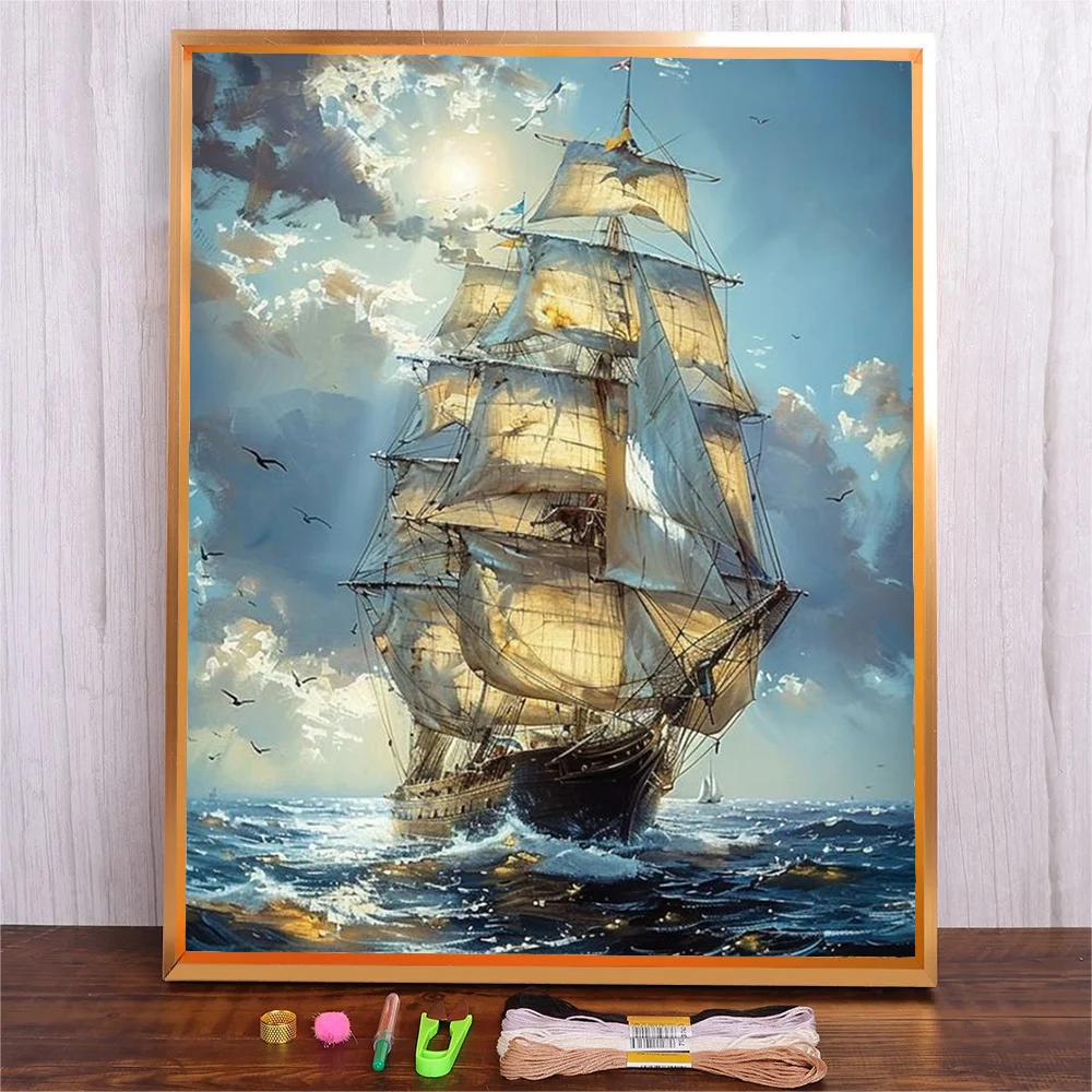 Hand Embroidery Kit DIY Needlework Seascape Sailboat Needlecraft For Beginner Cotton Thread Cross Stitch Artcraft Material Pack