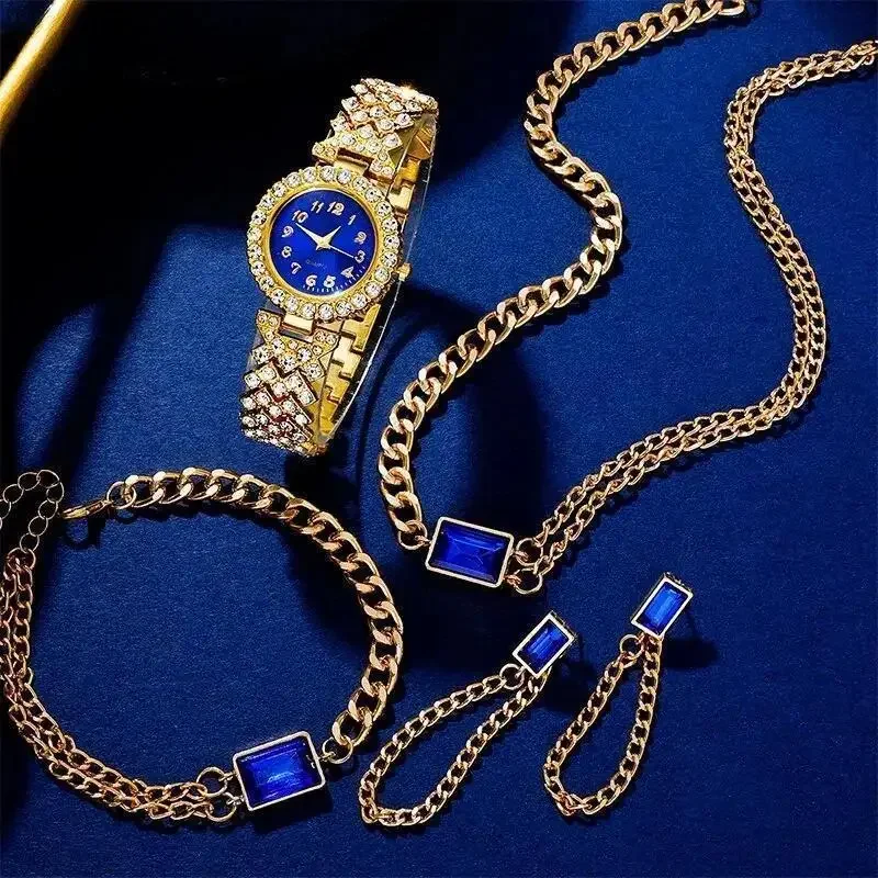 4Pcs Women Watch Jewelry Set Gold Crystal Quartz Wristwatch Blue Rhinestone Bracelet Necklace Earring Fashion Ladies Accessories