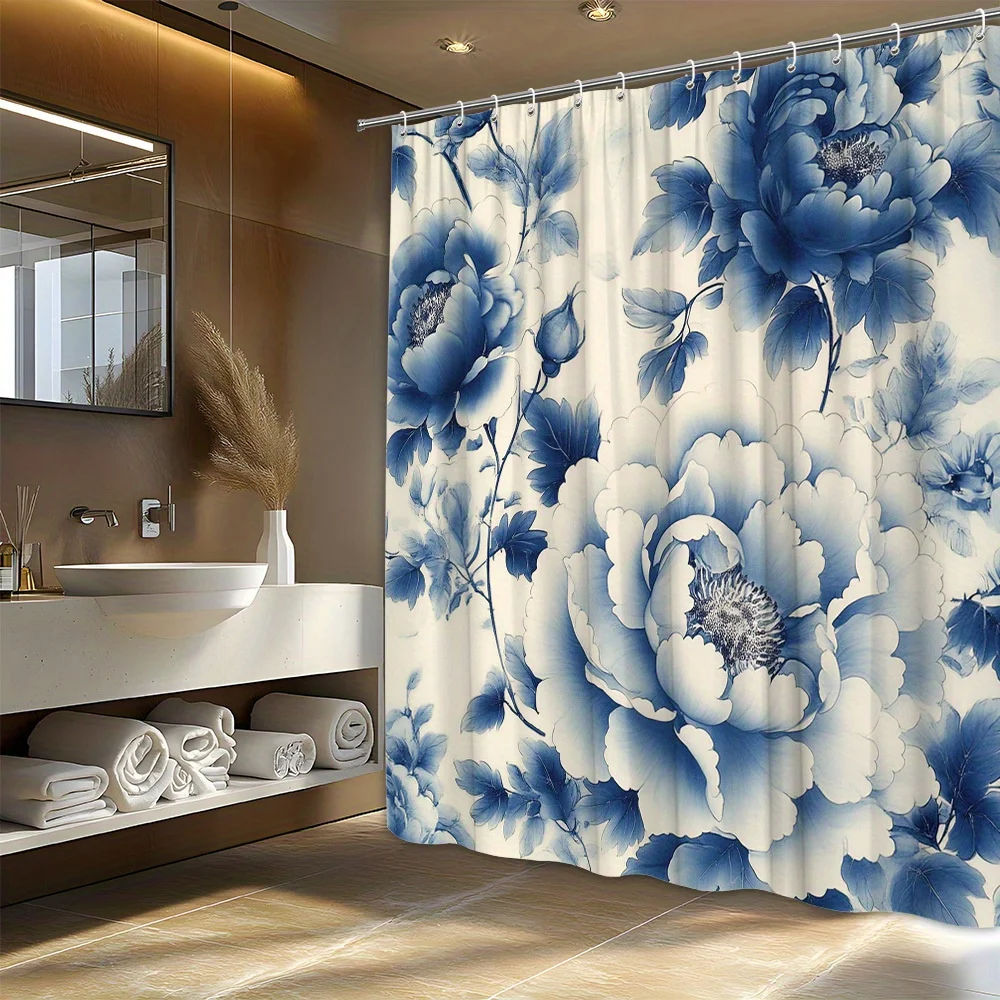 

1 Elegant Floral Shower Curtain - Blue Peony with Ombre Petals and Textured Stamens, Polyester Fabric, Machine Washable