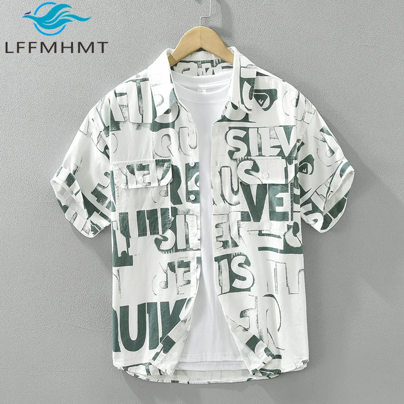 

8056 100% Cotton Chic Letter Printed Streetwear Shirt For Men Summer Fashion Short Sleeve Single Breasted Loose Casual Tops Male