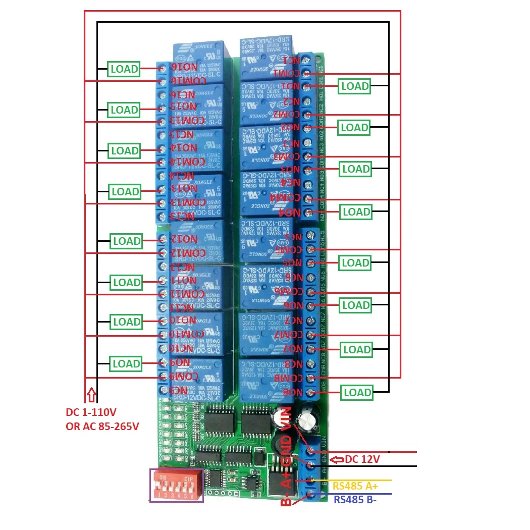 16 Channel DC 12V RS485 Relay Module Modbus RTU 485 Remote Control Switch Board for PLC PTZ Camera Motor