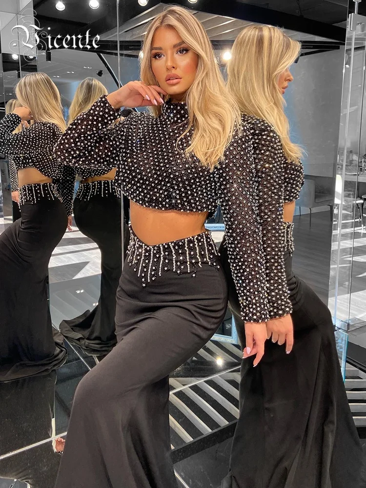 

VC Glam Black Long Sleeves Beaded Crop Top & Mermaid Skirt Two Pieces Dress Set for Evening Glamour Gown