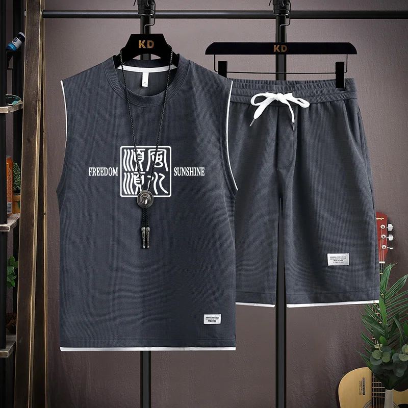 

Men's Spor Vest orts Set Sli Casual Summer Outfit Two Pieces Trendy Teenage Polyester Fabric No Sve Upperwear