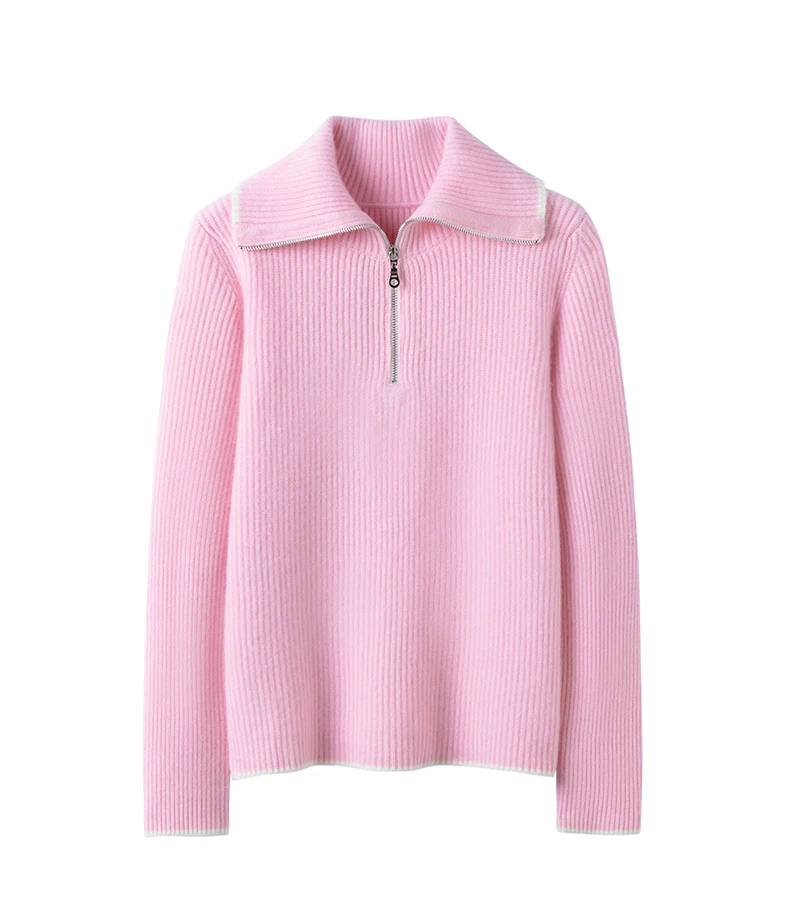 Autumn and winter new semi-zipper polo neck cashmere sweater women's long sleeve loose knit sweater color matching coat