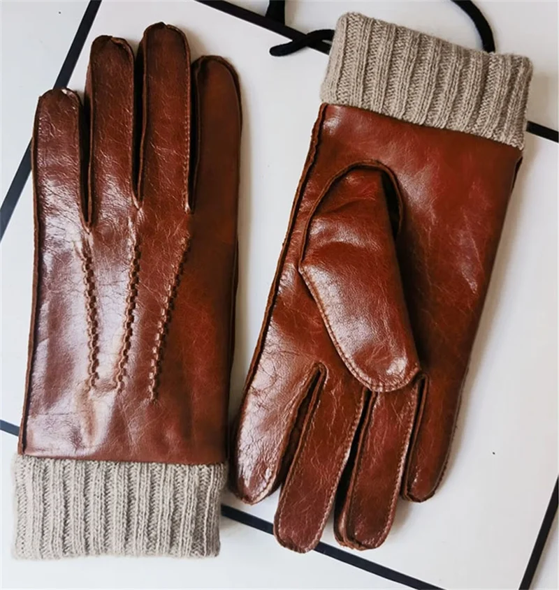 

New Men's Sheepskin Gloves Fashion Ripple Touch Screen Wool Knit Lining Winter Leather Driving Gloves Autumn