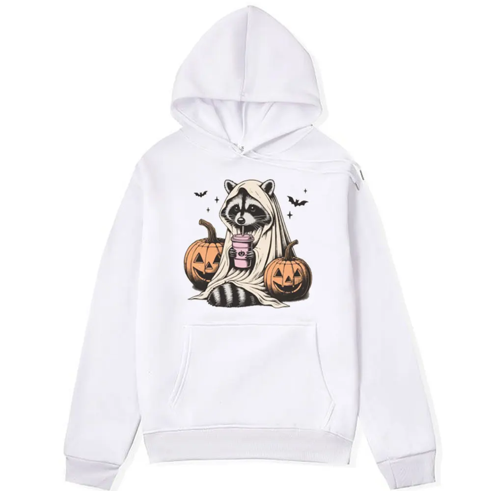 Funny Halloween Sweatshirt Cute Raccoon Ghost Hoodies Men Retro Spooky Season Gift Pumpkin Fall Oversized Hooded Pullover Y2k