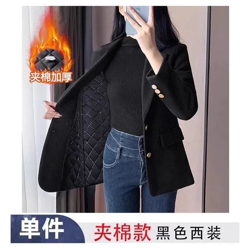 Warm Occupation Blazer Jacket Outerwear Women's Autumn Winter 2026 Fashion Slim High-End Cotton Thick Single-Breasted Suit Tops