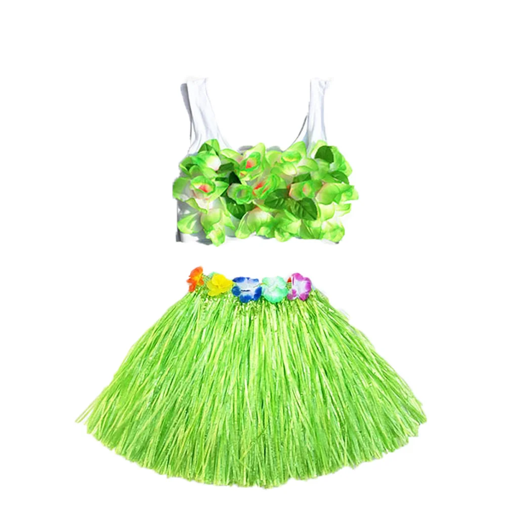 

6Pcs Tropical Hula Dance Skirt Set Kids Hawaiian Luau Accessory Flower Bracelets Headband Necklace Bra 40cm Green