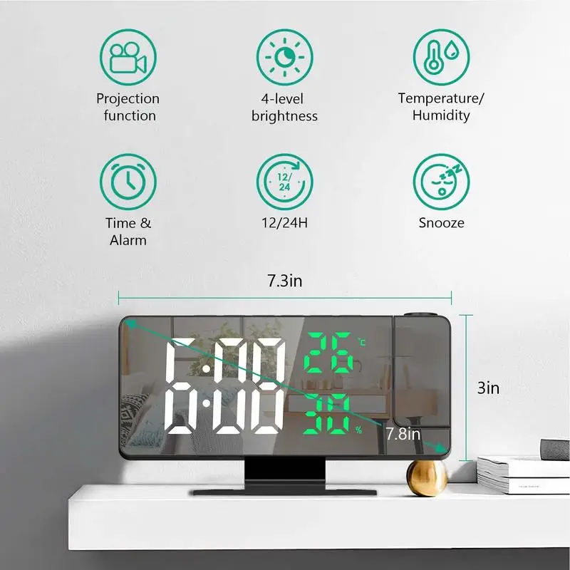 multi-functional projection alarm clock Intelligent luminous large screen Mirror Digital clock 180 Rotatable Projector for home