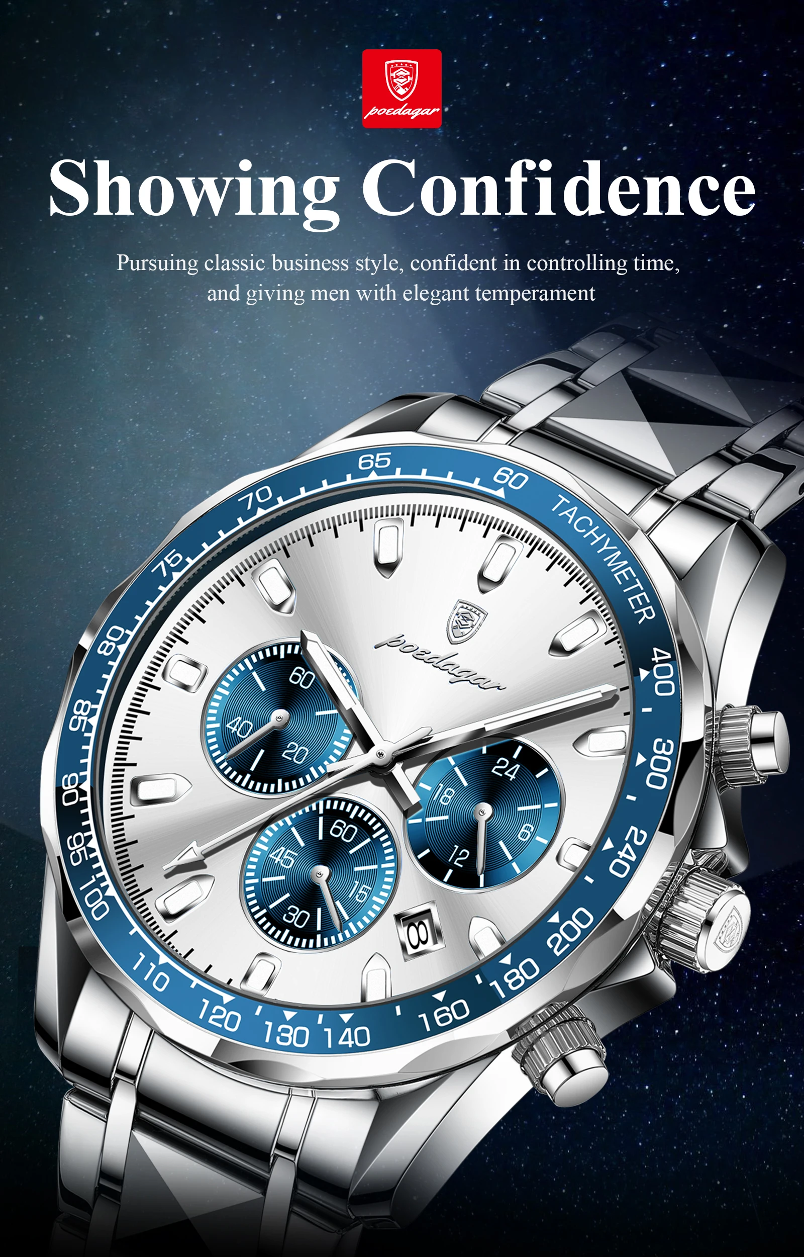 POEDAGAR Luxus Marke Männer Uhr Wasserdicht Leucht Edelstahl herren Uhren Chronograph Datum Quarz Business Uhr Für Mann – Detail 2