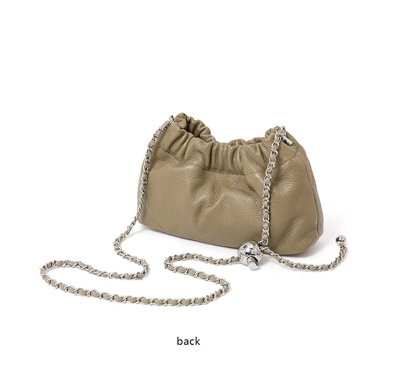 Leichte Litchi-Textur Echtes Kuhleder Cloud Bag Damen Kordelzug Tasche mit Raffdesign Metallkette Crossbody Mini-Geldbörse – Detail 11