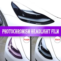 For Tesla Model 3/Y 2017-2023 Headlamp Sticker Taillight Light-sensitive TPU Color Changing Smoke Black Headlight Protector Film