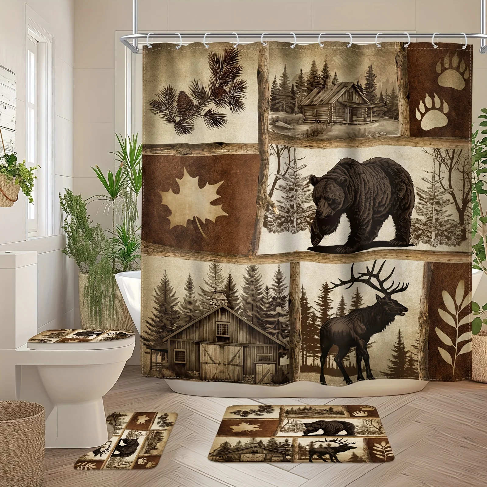 1/4pcs - Bear Shower Curtain Set, Including Waterproof Shower Curtain With 12 Plastic Hooks, Bathroom Non-slip Floor Mat, Toilet