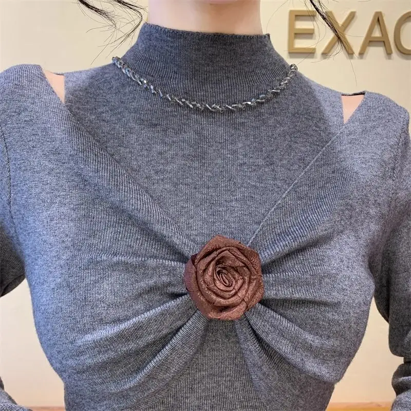 

French Style Show Shoulder Twist Knitted Flower Women's Autumn 2024 New Slim Fit Long Sleeve Sweater Pullover Top