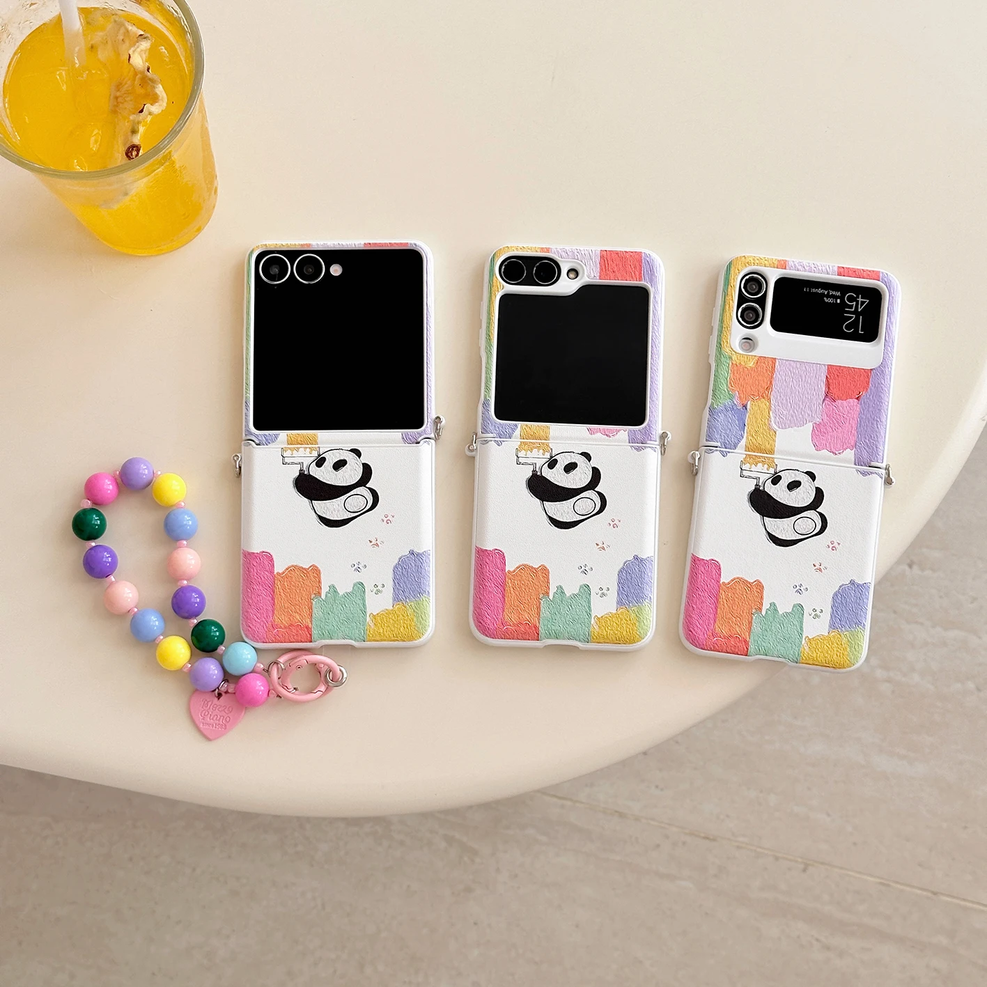 

Back Cover For Samsung Galaxy Z Flip 7 6 5 4 3 Case Colorful Wall Painting Panda Bracelet Chain Crossbody Lanyard Phone Case