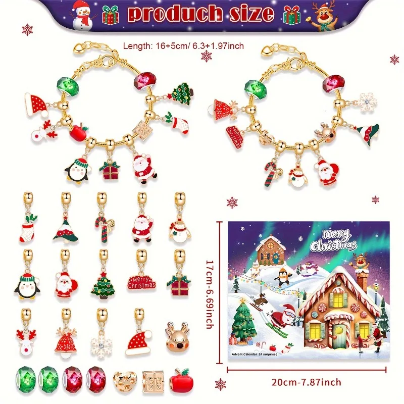 Christmas Advent Calendar Bracelet Making Kit 24 Days Xmas Countdown 22pcs Beads 2pcs Bracelets Christmas Jewelry Gifts Supplies