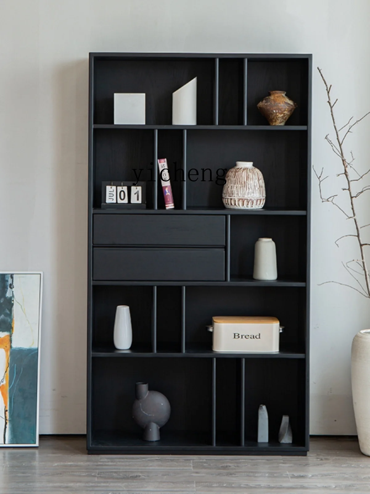 TQH Miji Solid Wood Combination Single Bookcase Bookshelf Display Antique Shelf Oak Black