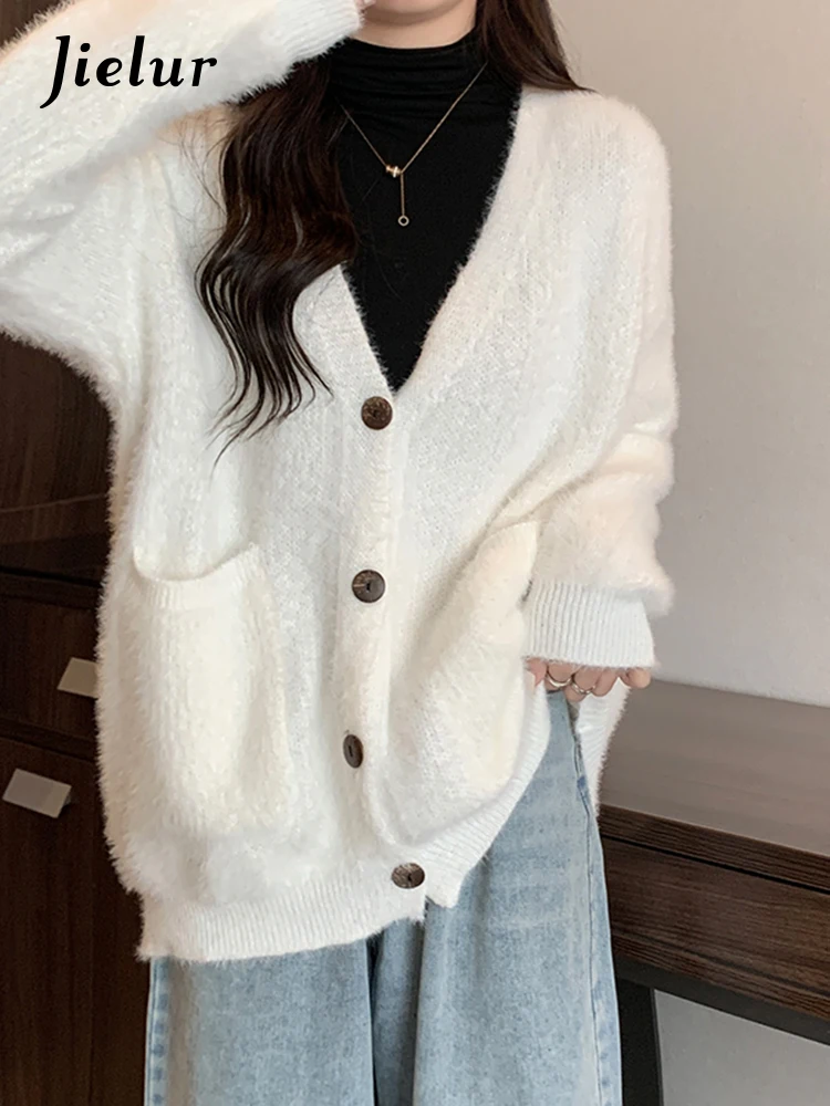 Jielur Autumn Winter New Solid Color Slim Cardigan Casual Simple Basic Cardigan Woman White Purple Pink Loose Fashion Top Female