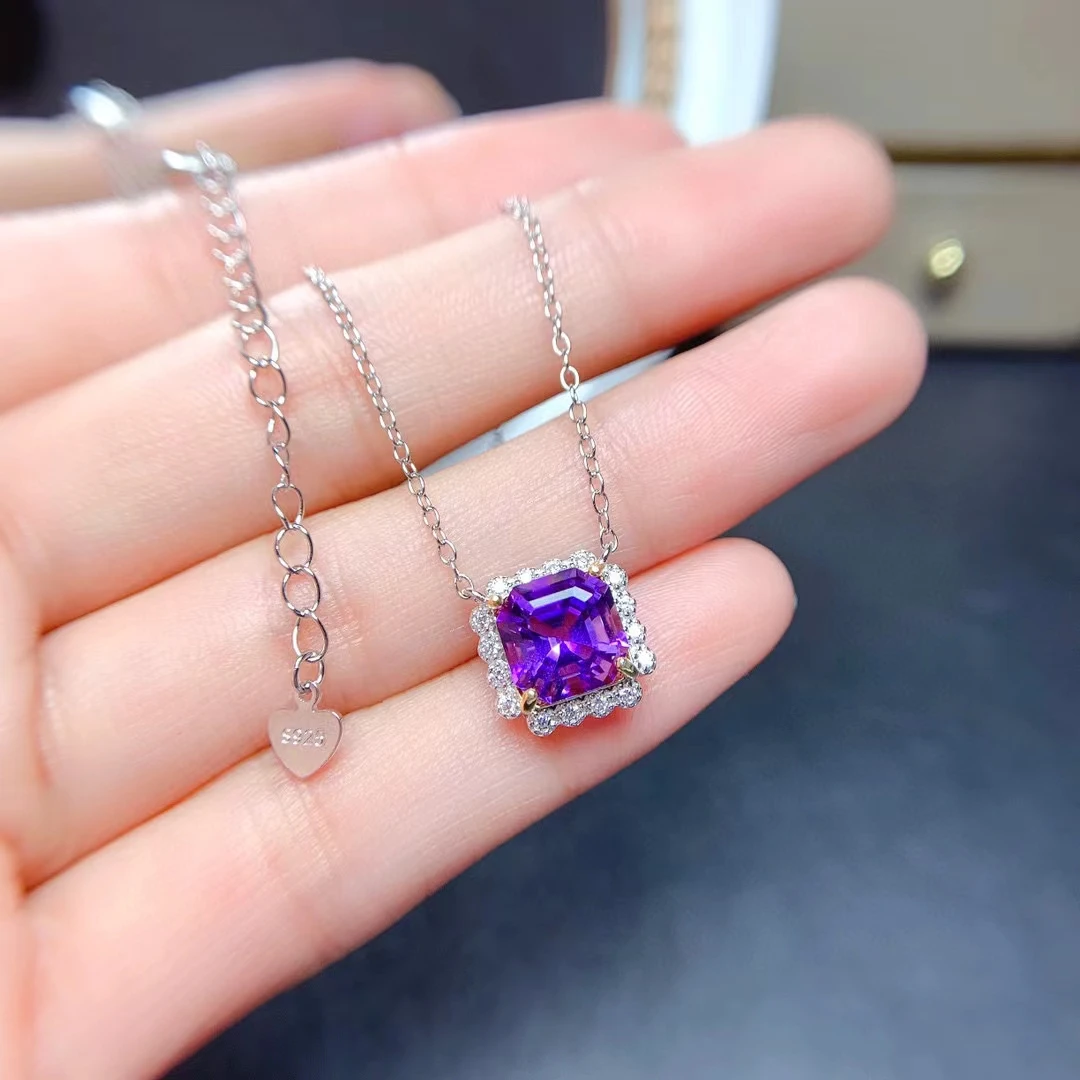 

Asscher Cut 8x8mm Natural Amethyst Necklace Sterling Silver 925 February Birthstone Women Necklace Anniversary Gift